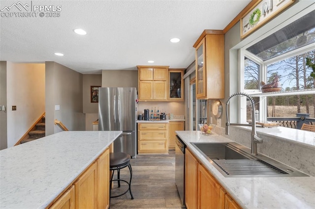 6770 Gun Club Trl, Colorado Springs, CO 80908 - kitchen with dark wood-type flooring, a sink, light stone counters, recessed lighting, and stainless steel appliances