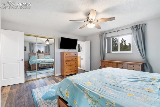 6770 Gun Club Trl, Colorado Springs, CO 80908 - bedroom featuring ceiling fan, wood finished floors, a closet, and a textured ceiling