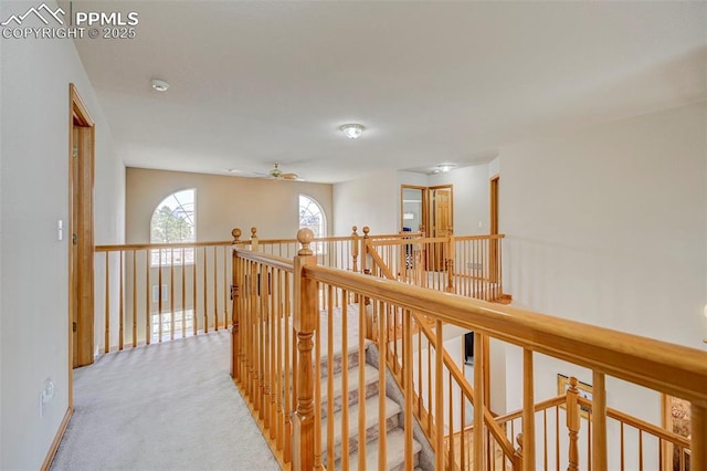 hall with light colored carpet and an upstairs landing