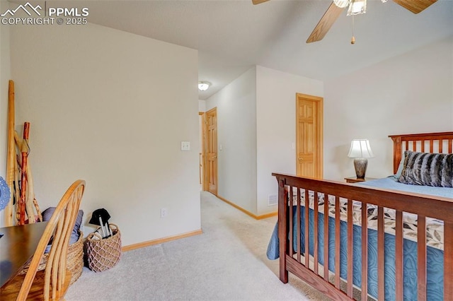 bedroom featuring a ceiling fan, carpet floors, and baseboards