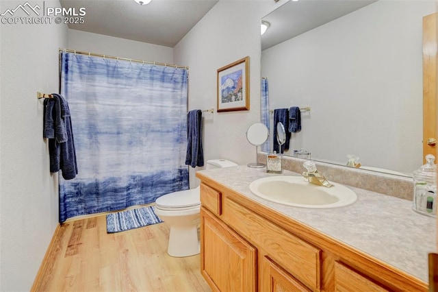 bathroom featuring toilet, wood finished floors, and vanity