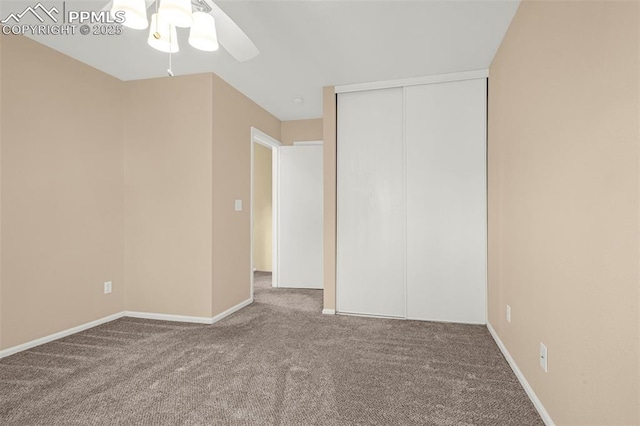 3781 Red Cedar Dr, Colorado Springs, CO 80906 - unfurnished bedroom featuring baseboards, ceiling fan, carpet, and a closet