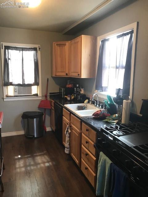kitchen featuring dark wood-style floors, baseboards, a sink, black appliances, and dark countertops