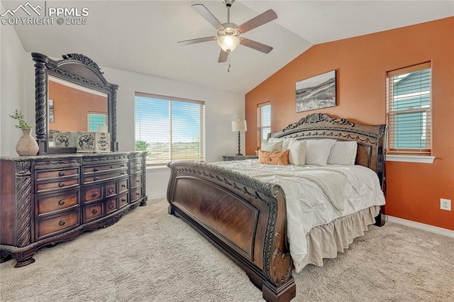 9812 Fairway Glen Dr, Peyton, CO 80831 - carpeted bedroom featuring baseboards, lofted ceiling, and a ceiling fan