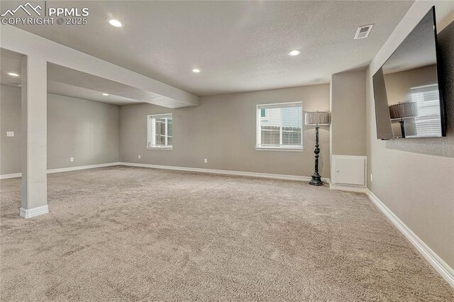 9812 Fairway Glen Dr, Peyton, CO 80831 - below grade area featuring visible vents, carpet, baseboards, and a textured ceiling