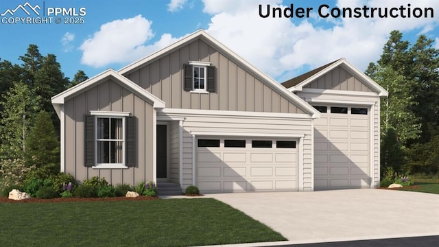 view of front of property with board and batten siding, driveway, a garage, and a front lawn