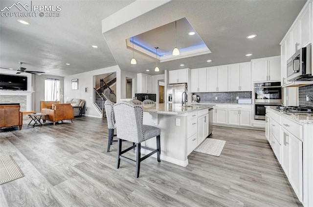 10790 Rolling Peaks Dr, Peyton, CO 80831 - kitchen featuring a ceiling fan, a raised ceiling, stainless steel appliances, and backsplash
