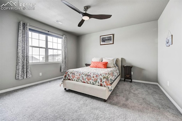 10790 Rolling Peaks Dr, Peyton, CO 80831 - bedroom with a textured ceiling, visible vents, baseboards, a ceiling fan, and carpet floors