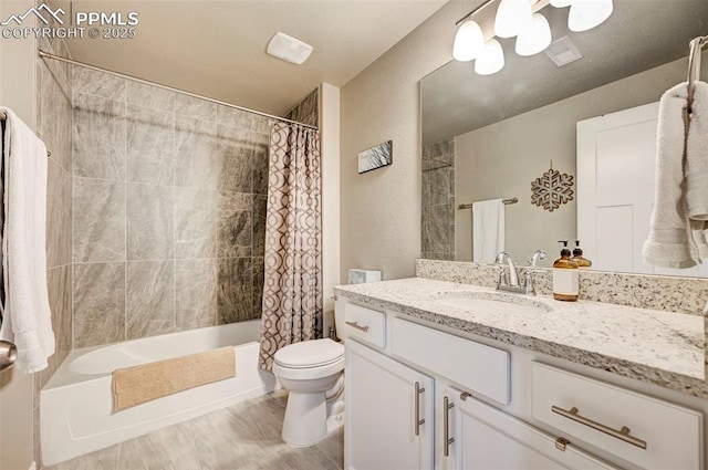10790 Rolling Peaks Dr, Peyton, CO 80831 - bathroom featuring toilet, shower / bath combo, a textured wall, and vanity