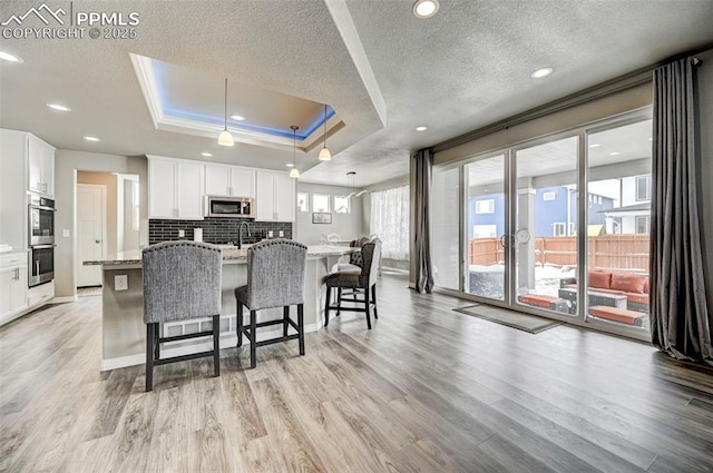 10790 Rolling Peaks Dr, Peyton, CO 80831 - kitchen featuring light wood-style flooring, stainless steel appliances, and a tray ceiling