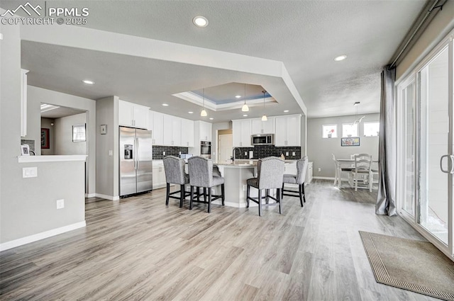 10790 Rolling Peaks Dr, Peyton, CO 80831 - kitchen featuring decorative backsplash, light wood finished floors, appliances with stainless steel finishes, a breakfast bar area, and a tray ceiling