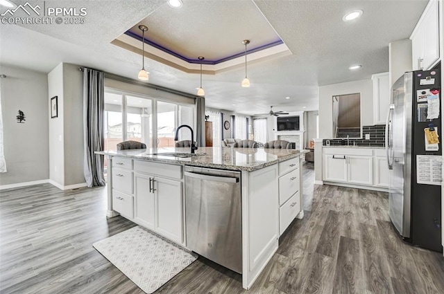 10790 Rolling Peaks Dr, Peyton, CO 80831 - kitchen with stainless steel appliances, a ceiling fan, a center island with sink, a raised ceiling, and a sink
