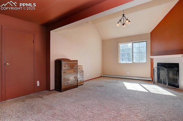 5581 County Road 328, Westcliffe, CO 81252 - unfurnished living room featuring a tiled fireplace, an inviting chandelier, carpet flooring, a baseboard radiator, and vaulted ceiling