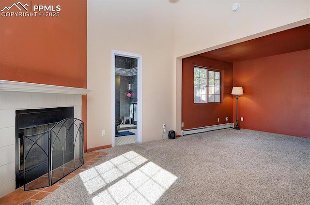 5581 County Road 328, Westcliffe, CO 81252 - unfurnished living room with carpet floors, a fireplace, and a baseboard radiator