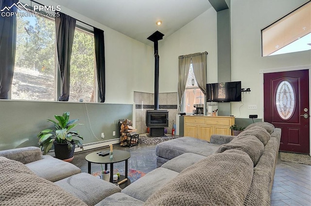 5581 County Road 328, Westcliffe, CO 81252 - living area with a baseboard radiator, high vaulted ceiling, and a wood stove