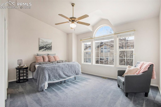 3272 Capstan Way, Colorado Springs, CO 80906 - carpeted bedroom featuring baseboards, visible vents, vaulted ceiling, and a ceiling fan