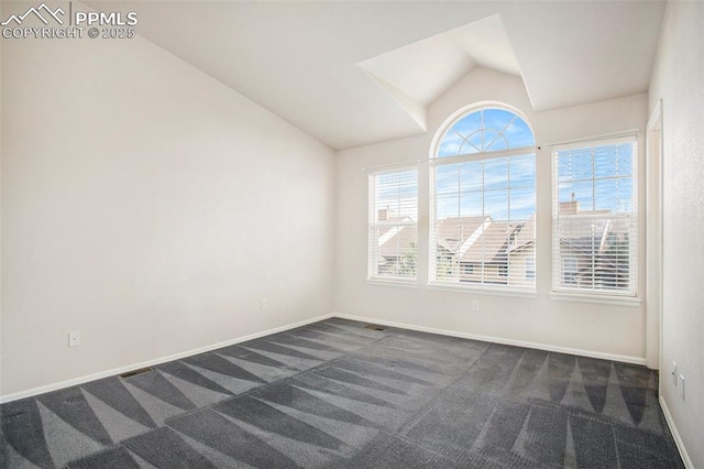 3272 Capstan Way, Colorado Springs, CO 80906 - spare room featuring a wealth of natural light, vaulted ceiling, dark colored carpet, and baseboards