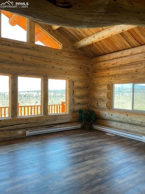 1906 Korlkoff Ln, Fort Garland, CO 81133 - empty room featuring lofted ceiling with beams, a baseboard heating unit, wood finished floors, wooden ceiling, and log walls