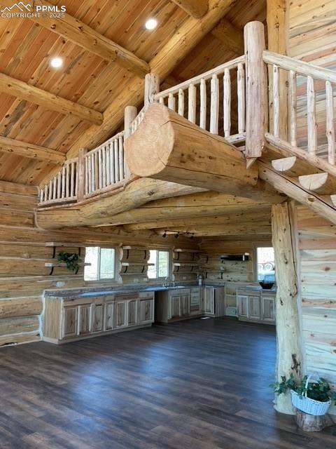 1906 Korlkoff Ln, Fort Garland, CO 81133 - kitchen with beamed ceiling, wooden walls, wood ceiling, and wood finished floors