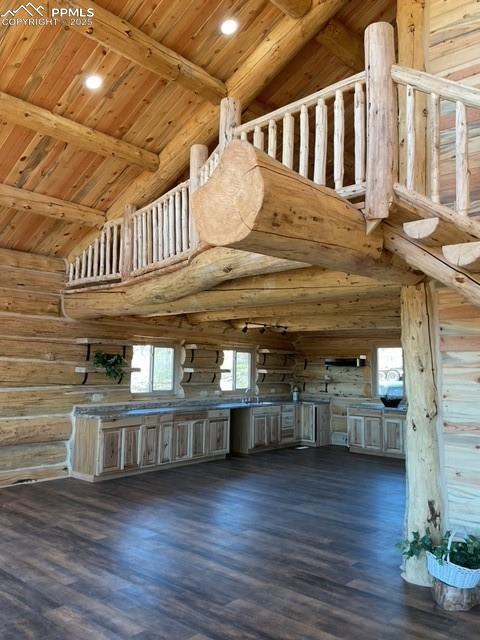 1906 Korlkoff Ln, Fort Garland, CO 81133 - kitchen featuring beam ceiling, high vaulted ceiling, wood ceiling, and wood finished floors
