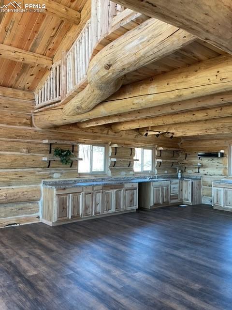1906 Korlkoff Ln, Fort Garland, CO 81133 - kitchen featuring dark wood finished floors, beamed ceiling, wood ceiling, and log walls