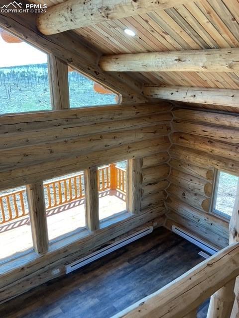 1906 Korlkoff Ln, Fort Garland, CO 81133 - additional living space with beam ceiling, baseboard heating, wooden ceiling, and wood finished floors