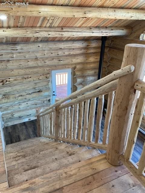 1906 Korlkoff Ln, Fort Garland, CO 81133 - stairway featuring wooden ceiling, beamed ceiling, wood-type flooring, and rustic walls