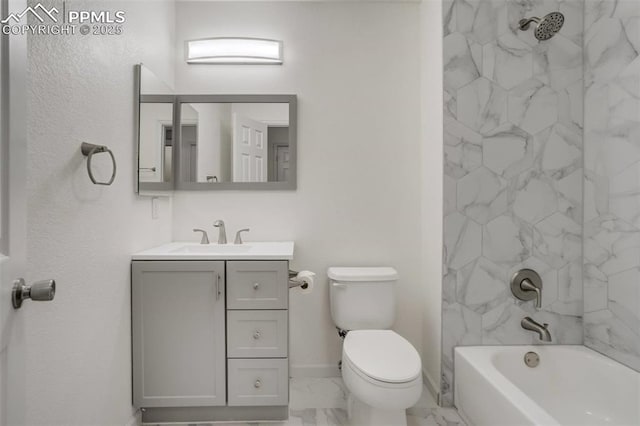 full bath with baseboards, marble finish floor, toilet, bathtub / shower combination, and vanity