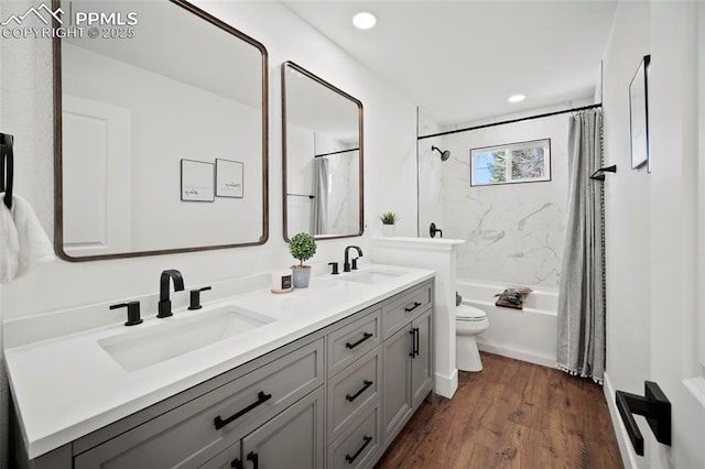 bathroom with double vanity, wood finished floors, toilet, and a sink