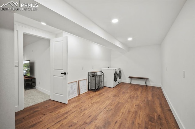 laundry room with baseboards, independent washer and dryer, recessed lighting, and wood finished floors