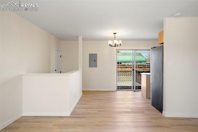 2118 S El Paso Ave, Colorado Springs, CO 80905 - interior space featuring baseboards, a chandelier, electric panel, and light wood finished floors
