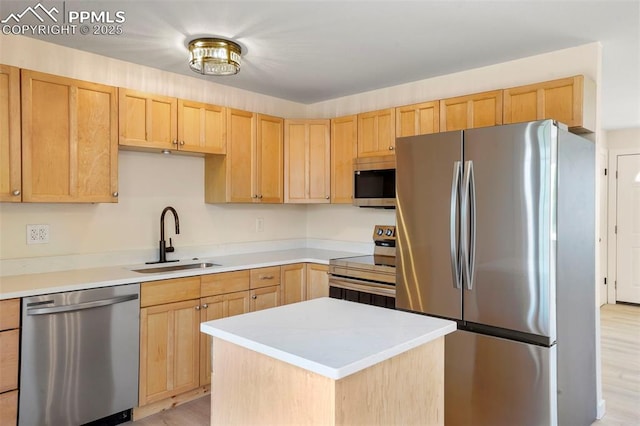 2118 S El Paso Ave, Colorado Springs, CO 80905 - kitchen featuring light countertops, a sink, appliances with stainless steel finishes, light wood-type flooring, and light brown cabinets