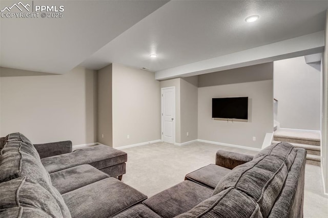 1341 Solitaire St, Colorado Springs, CO 80905 - living room featuring baseboards, stairs, and light colored carpet