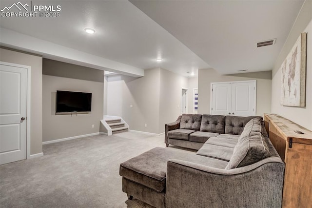 1341 Solitaire St, Colorado Springs, CO 80905 - living room featuring baseboards, carpet flooring, visible vents, and stairway