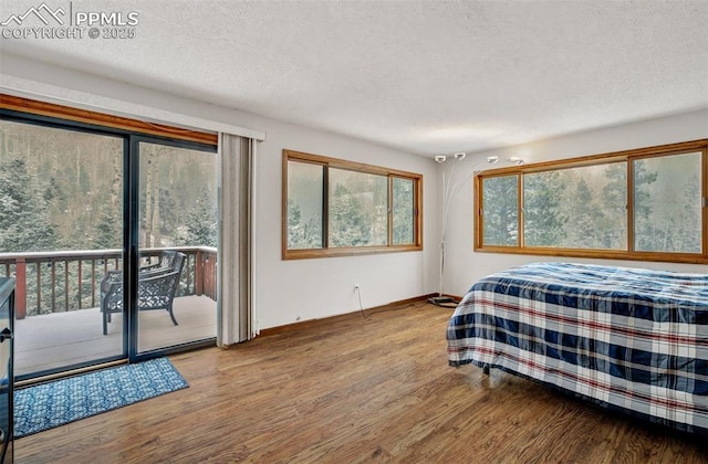 5865 Waterfall Loop, Manitou Springs, CO 80829 - bedroom featuring a textured ceiling, wood finished floors, baseboards, and access to outside