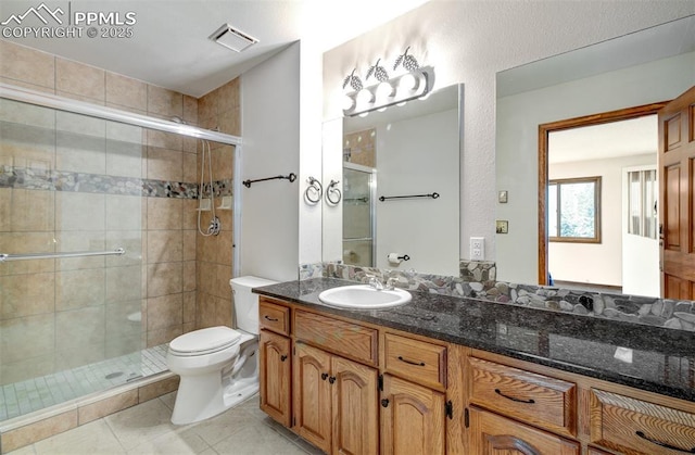 5865 Waterfall Loop, Manitou Springs, CO 80829 - bathroom featuring visible vents, toilet, tile patterned floors, and a stall shower