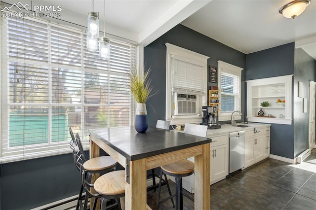 kitchen featuring stainless steel dishwasher, white cabinets, open shelves, and plenty of natural light