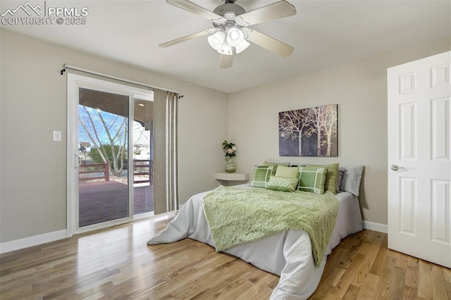 bedroom with wood finished floors, baseboards, access to outside, and a ceiling fan