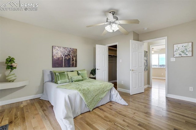bedroom featuring a spacious closet, light wood-style floors, a closet, baseboards, and ceiling fan