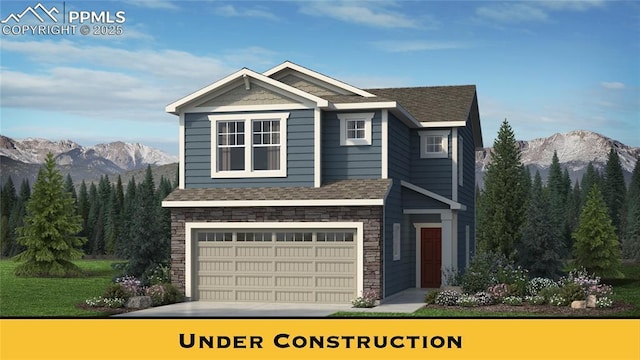 5229 Devers Ct, Colorado Springs, CO 80925 - exterior space featuring stone siding, an attached garage, concrete driveway, roof with shingles, and a mountain view