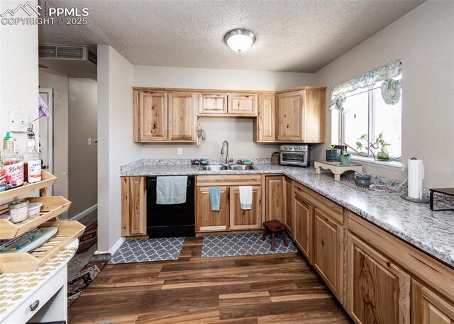 2914 Del Mar Cir, Colorado Springs, CO 80910 - kitchen with a sink, dishwasher, dark wood finished floors, and a textured ceiling