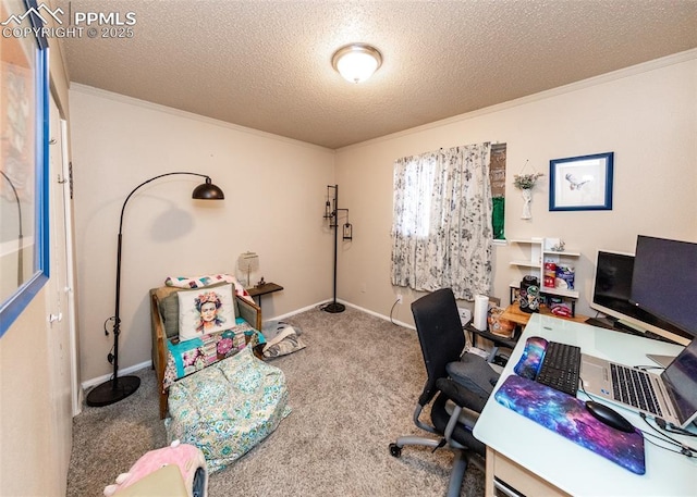 2914 Del Mar Cir, Colorado Springs, CO 80910 - office with crown molding, a textured ceiling, carpet floors, and baseboards