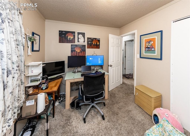 2914 Del Mar Cir, Colorado Springs, CO 80910 - carpeted home office featuring ornamental molding and a textured ceiling