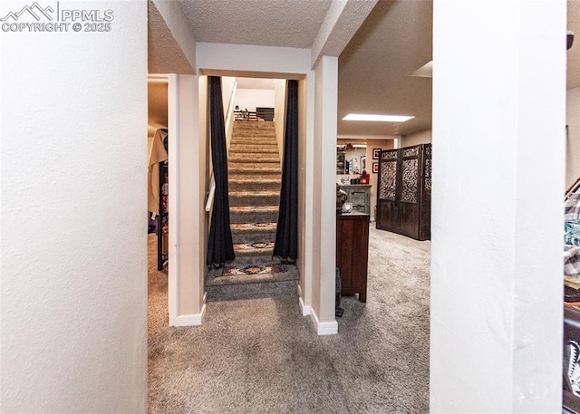 2914 Del Mar Cir, Colorado Springs, CO 80910 - hall featuring carpet floors, stairs, a textured ceiling, and baseboards