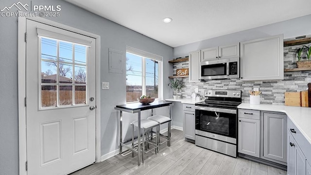 kitchen with decorative backsplash, light countertops, stainless steel appliances, and open shelves