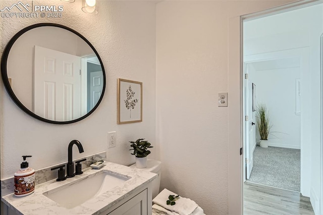 bathroom with a textured wall, wood finished floors, and vanity