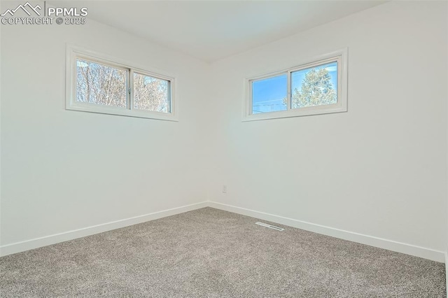 spare room with baseboards, carpet floors, and visible vents