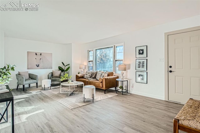 living room with baseboards and light wood-style floors