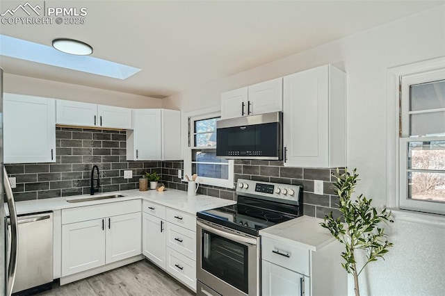 kitchen with a wealth of natural light, a sink, stainless steel appliances, and a skylight