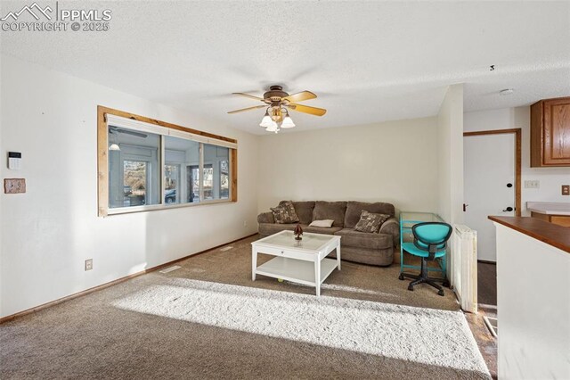 6745 Fielding Cir, Colorado Springs, CO 80911 - living room featuring a ceiling fan, carpet floors, baseboards, and a textured ceiling